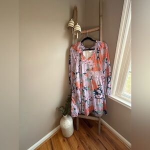 Chic Soul Coral Pink Floral Long Sleeve Swing Dress